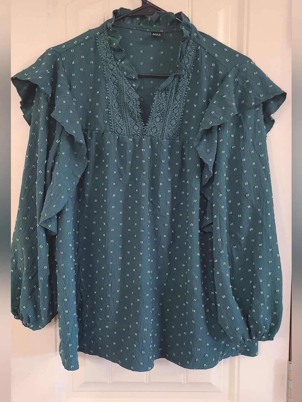 SHEIN Teal Ruffle Crochet Yoke Long Sleeve Blouse Size M